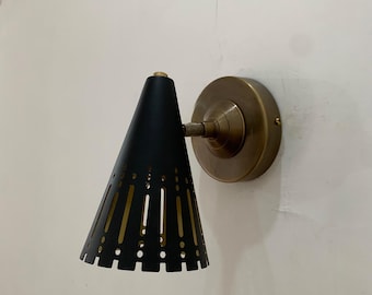Mid-Century Modern Black Cone Wall Sconce | Perforated Brass Light