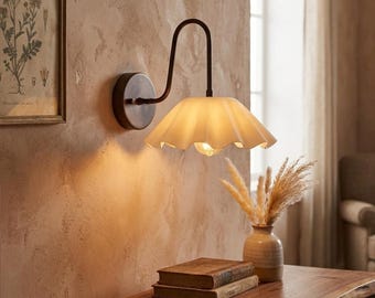 Brass Wall Sconce Light with White Color Shade -  Mid-Century Modern Bedside Lamp , Hallway Lighting