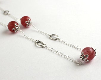 Long Cherry Quartz & Silver Necklace - Gemstone Necklace - Pomegranate Surprise - Gift Ideas