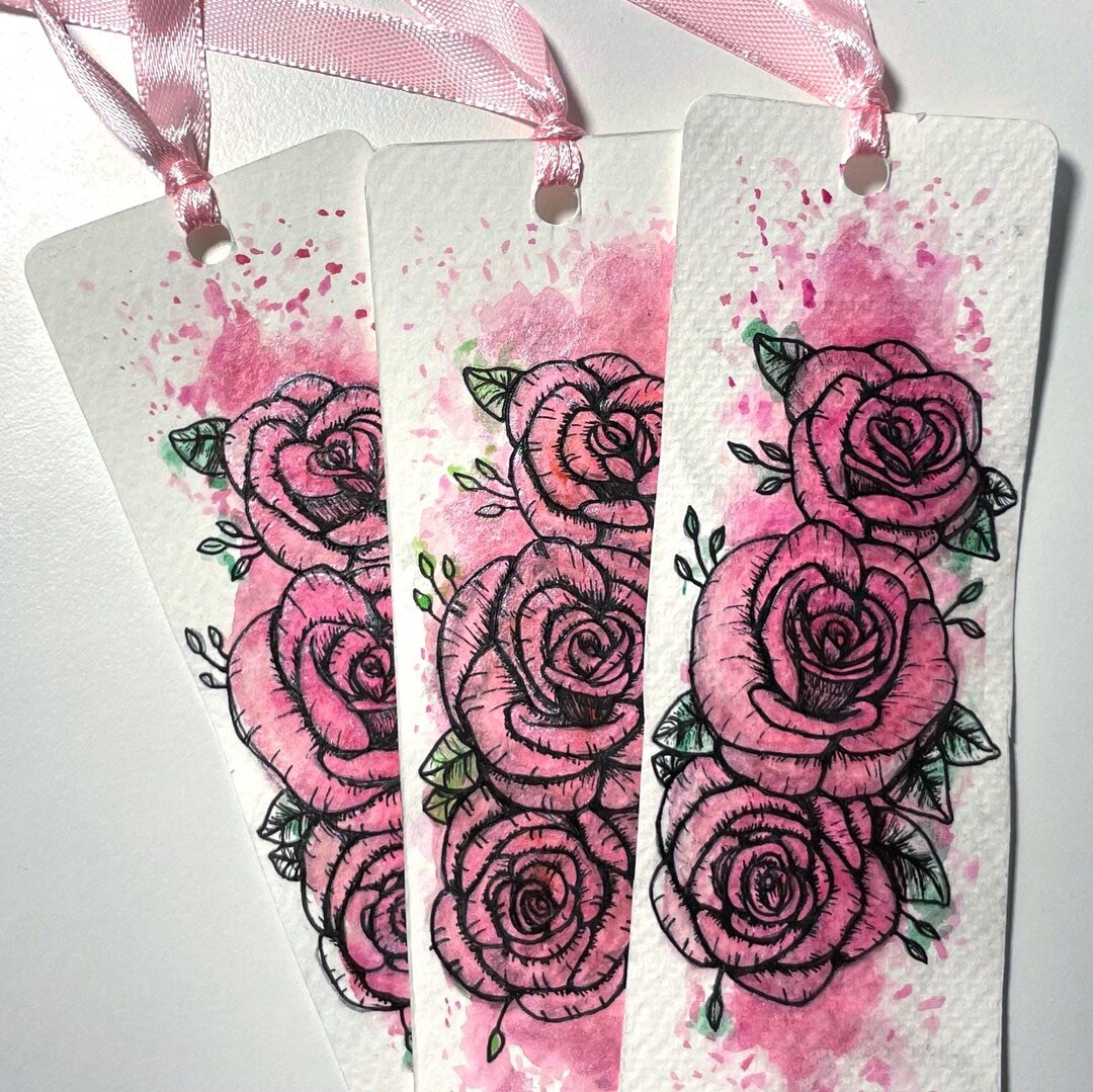 Pink Color Bookmark Handmade Pink Rose Watercolour Bookmark With Ribbon - Etsy