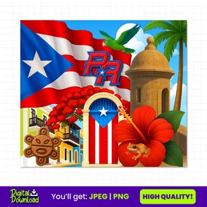 May include: A vibrant illustration featuring the Puerto Rican flag, a green parrot, and a historic fort. A red hibiscus flower and a small frog are also present. The image includes a door with the Puerto Rican flag design and the letters "PR".