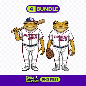 May include: Two cartoon frogs in baseball uniforms. One frog holds a bat, the other a glove and baseball. The uniforms are white with "Puerto Rico" in red. A blue banner reads "4 BUNDLE".