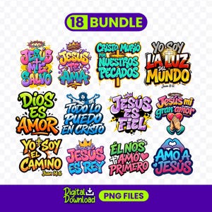 May include: A digital download bundle of 18 PNG files featuring colorful religious phrases and illustrations. The designs include phrases like "Jesus Te Ama" and "Dios Es Amor" in a graffiti-style font, with crowns and crosses.