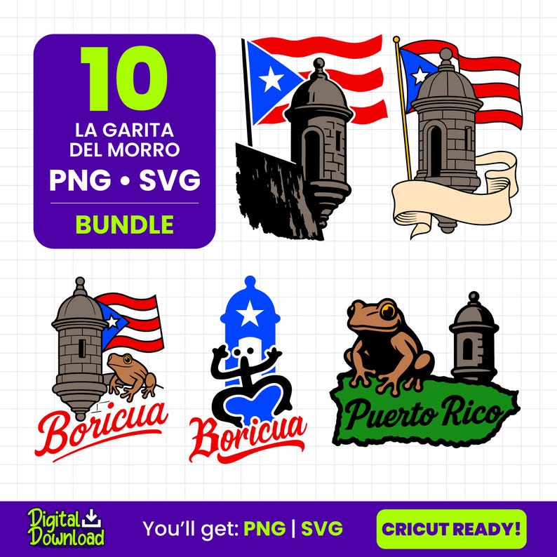 May include: A digital bundle featuring illustrations of La Garita del Morro, the Puerto Rican flag, and the word "Boricua". Includes PNG and SVG files. The design elements are in shades of gray, red, blue, and green.
