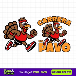Op de afbeelding: Twee cartoon kalkoenen in sportkleding die rennen. Eén afbeelding toont een enkele kalkoen, de andere heeft de tekst "Carrera Del Pavo". De kalkoenen zijn bruin met rode accenten en schoenen. Digitale download.