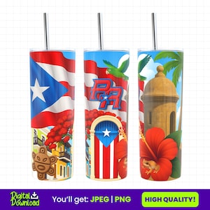 Puerto Rico Tumbler Wrap PNG | 20oz Skinny Tumbler Wrap | Boricua Png | Puerto Rico Flag | Coqui Frog | San Juan Puerto Rico | El Morro