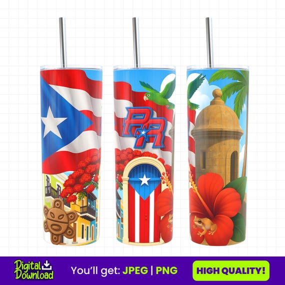 Puerto Rico Tumbler Wrap PNG | 20oz Skinny Tumbler Wrap | Boricua Png | Puerto Rico Flag | Coqui Frog | San Juan Puerto Rico | El Morro
