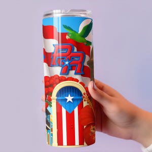 May include: A stainless steel tumbler featuring a vibrant design with the Puerto Rican flag, a green parrot, and the letters "PR". The design includes a door with the Puerto Rican flag and red flowers.