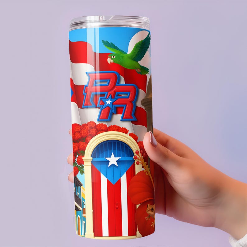 May include: A stainless steel tumbler featuring a vibrant design with the Puerto Rican flag, a green parrot, and the letters "PR". The design includes a door with the Puerto Rican flag and red flowers.