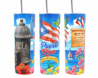 Emballage pour gobelet Porto Rico JPG PNG | Emballage pour gobelet 20 oz | Garita del Morro | Drapeau de Porto Rico | Grenouille Coqui | Boricua | Portoricain | Art RP