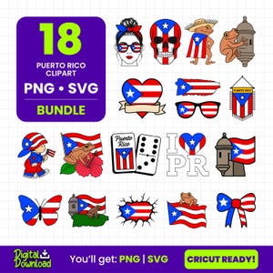 Lot de cliparts Porto Rico | Drapeau portoricain SVG | Boricua png | Grenouille Coqui PNG | Carte des relations publiques | Svg Porto Rico | Symboles de relations publiques | Téléchargement numérique