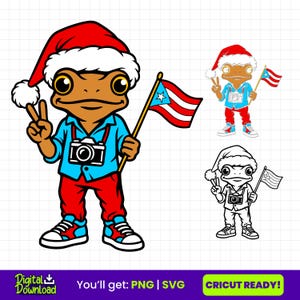 May include: A cartoon frog wearing a Santa hat, blue shirt, and red pants, holding a Puerto Rican flag and a camera. The frog is giving a peace sign. The image includes the text "You'll get: PNG | SVG" and "CRICUT READY!"