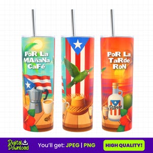 Puerto Rico 20Oz Tumbler Wrap PNG | Coffee & Rum | Por La Mañana Café Por La Tarde Ron | Boricua Pride | Caribbean Style | PR Culture | DTMF