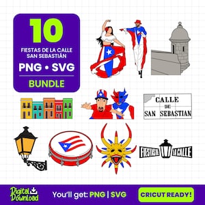 Könnte beinhalten: Ein digitales Bundle mit Illustrationen zu den Fiestas de la Calle San Sebastián. Die Bilder zeigen eine Tänzerin, einen Mann im Kostüm, eine Trommel, ein Straßenschild und eine Gebäudefassade. Der Text enthält "10", "PNG", "SVG" und "BUNDLE".