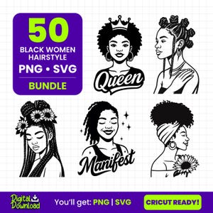 Black Woman SVG Bundle | Afro Woman PNG | Melanin Queen Clipart | African American Art | Feminine Cut Files | Digital Download | Afro SVG