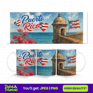 Puerto Rico Mug Wrap | El Morro Garita | Puerto Rican Flag Ocean Scene | 11oz Mug Png Jpeg | Boricua Coffee Cup Wrap