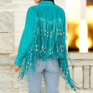 Chaqueta vaquera de ante 100 % auténtica para mujer, larga, con flecos y cuentas, estilo western, con borlas