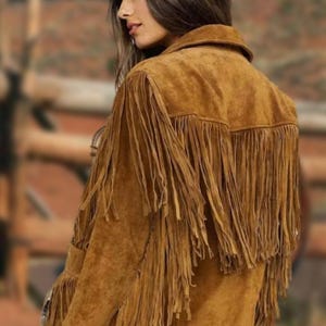 Chaqueta larga de ante con flecos para mujer, estilo western, vaquera, con flecos, estilo western, con borlas