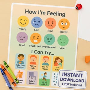 Emotional Regulation Chart for Kids – Printable Feelings & Coping Skills Poster | Calm Down Corner Tool | Digital Download