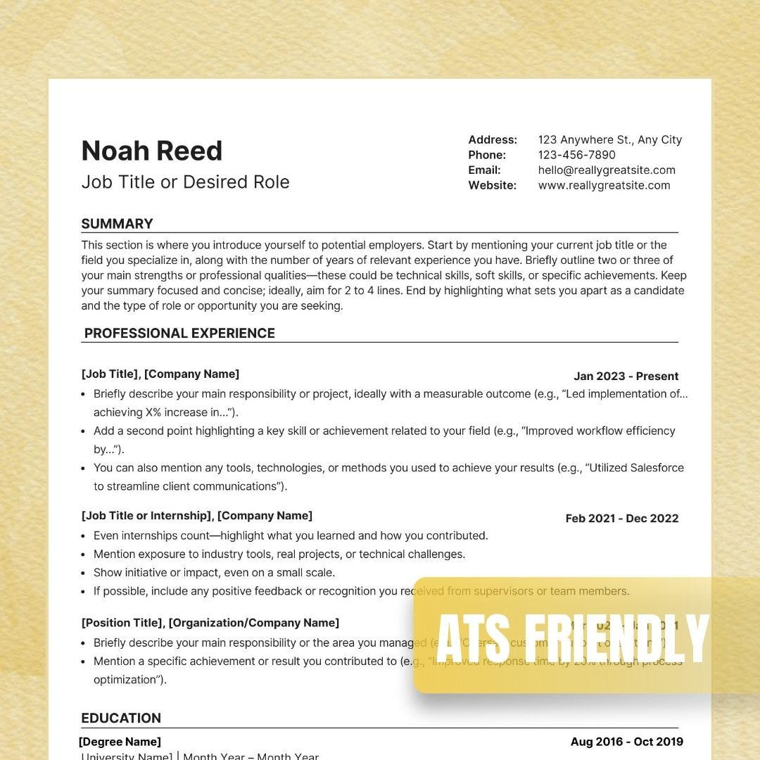 ATS Friendly Resume Template ATS Resume Full Page One Column Minimalist ...