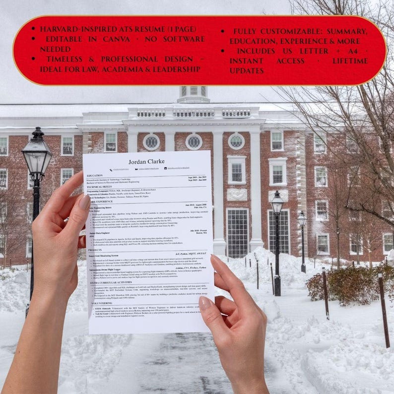 Harvard ATS Resume Template, ATS Friendly One Column CV for Law ...