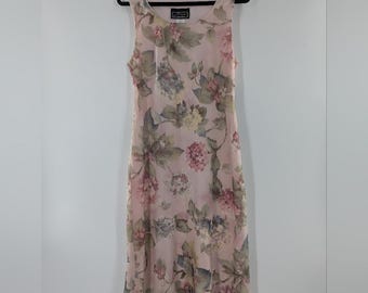 Studio Connection Vintage Floral Midi Dress – Pink Sheer Overlay Sleeveless Size 14