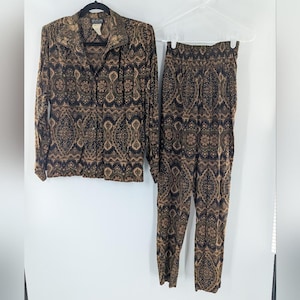 Carole Little For St Tropez Pants Shirt Set Boho Earthy 4 Made In USA Brown