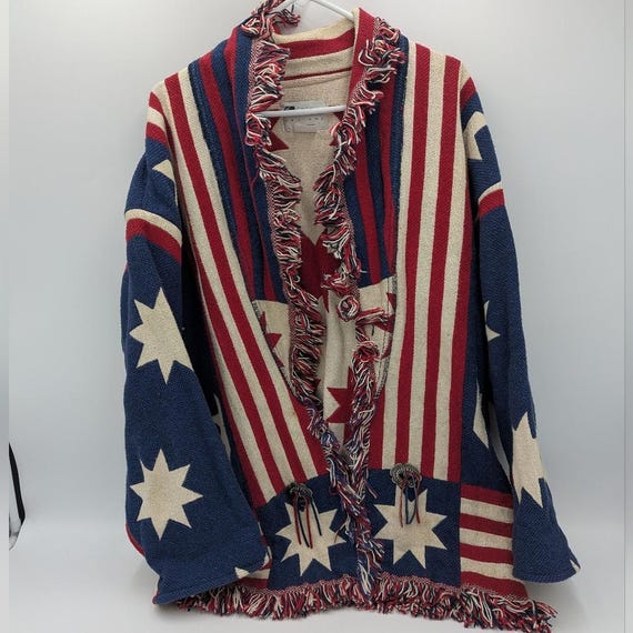 VTG E. Clair Designs Austin Texas Americana Flag Tapestry Fringe Jacket OS Bobo