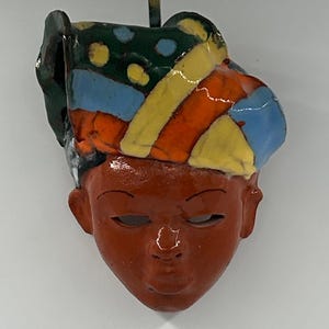 Handmade Haitian Women Clay Mask Hand painted Sculpted Colored Small Signed
