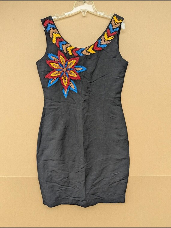 Byblos, VTG BYBLOS Embroidered Shift Mini Dress Made In Italy Black Cocktail Retro 40EU