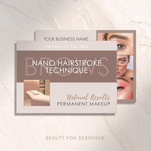 May include: Business card design for cosmetic tattoo services. The card features the text "NANO HAIRSTROKE TECHNIQUE" and "PERMANENT MAKEUP". The design includes images of eyes and lips, and a spa bed. The background is a marble texture.