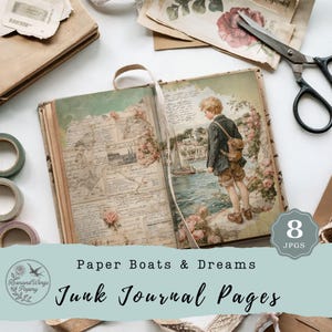 Vintage Coastal Junk Journal Pages, Paper Boats & Dreams, Scrapbooking Ephemera, Digital Collage Sheets, Ocean Flowers, 8 Pages