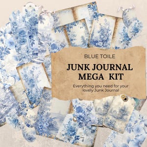 Blue Toile Junk Journal Mega Kit Kit, 80 Piece Floral  Printable Papers,Tags, Ephemera, Bookmarks, Paper Craft,Collage Sheet 11 x 8.5
