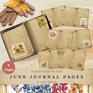 Blumen Samen Paket Junk Journal, druckbares Junk Journal Papier, digitales Blumen Scrapbook Kit, Collage Blatt, Blumenseiten, Gartennotizen