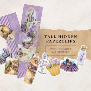 Lavendel hoge verborgen paperclips Junk Journal Kit, zakken en ephemera, afdrukbare logboekkaarten, paars digitale ephemera