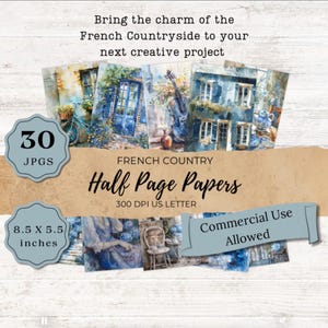 Junk Journal Half Page Papers JPG,French Country,Rustic Blue Floral Printable, Vintage Ephemera, Junk Journal Kit,Commercial Use