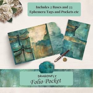 Junk Journal Folio Dragonfly,Printable Pocket Ephemera, Dragonfly Junk Journal Kit Extras, Ephemera Cards, Digital Collage