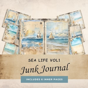 Pages de journal indésirable aquarelle Sea Life, kit éphémère imprimable nautique, papier numérique sur le thème de l'océan, téléchargement de collage de plage de voile