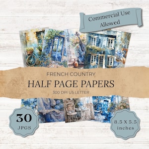 Junk Journal French Countryside Half Page Papers JPG, Rustic Blue Floral Printable, Vintage Ephemera, Junk Journal Kit, Digital Stationery