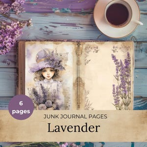 Lavender Girl Junk Journal Pages, 6 Page Set, Vintage Floral Ephemera, Printable Paper Kit, Purple Flowers, Digital Download, LF01