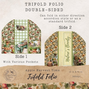 Apple Harvest Time Trifold Folio Printable, Double-Sided Pocket Folio, Autumn Junk Journal Ephemera, Scrapbook Paper Digital Download,AHT02