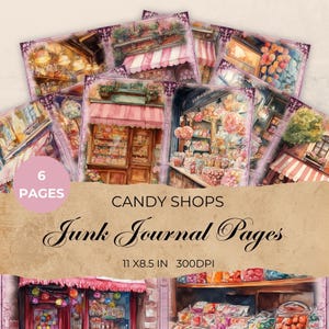 Candy Shop Rainbow watercolour Junk Journal Papers, Pastel Pink and Blue Junk Journal, 6 Digital Candy Shop Ephemera, Pastel Digital Paper