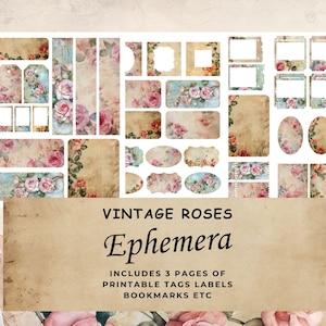Biglietti effimeri Vintage Roses Junk Journal, pacchetto extra, effimeri floreali digitali/stampabili, carta per artigianato, foglio collage 11 x 8,5, JJ001