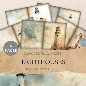 Lighthouses Junk Journal pages, Watercolor Lighthouse Printable Page, Nautical Scrapbooking Paper,Sea Collage Sheet,Vintage Ephemera