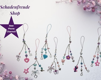 Phone Charm with Heart, Star, Flower Beads, Handmade Strap