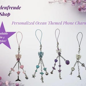 Ocean Phone Charm Strap | Beach Cell Phone Charm | Mermaid Starfish Seashell Dangle | Personalized Initial | Y2K Phone Jewelry Lanyard