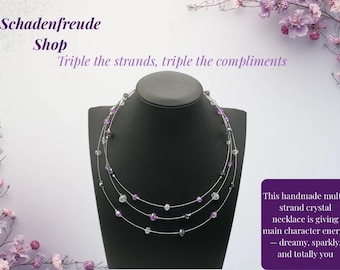 Handgemachte Multi-Strand Kristallhalskette | Lila Silber Layered Schmuck