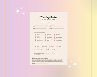 Könnte beinhalten: Ein hellbeige Waxing Salon Kundenaufnahmeformular mit einem rosa-gelben Farbverlauf im Hintergrund. Das Formular enthält Felder für Name, Adresse und medizinische Vorgeschichte. Der Text "Waxing Salon" steht oben.
