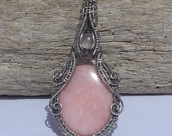 Pink Opal and Rose Quartz sterling silver wire pendant. Wire wrapped pendant, pink opal pendant, wire wrap necklace,wire wrap jewelry,unique