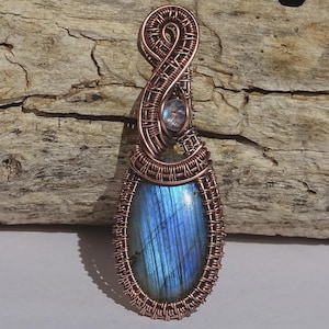Copper Wire Wrapped Labradorite Pendant with Moonstone, Handmade Boho Crystal Necklace, Elven Gothic Gemstone Jewelry, Unique Gift for Her
